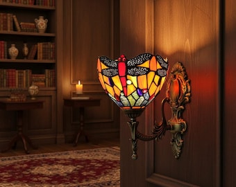 Dragonfly Stained Glass Sconce | Tiffany Style Wall Lamp | Vintage Bronze Art Nouveau Lighting