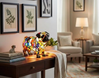 Lampada a forma di carlino in vetro colorato | Lampada decorativa a forma di cane in stile Tiffany | Decorazione unica per amanti degli animali