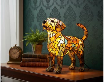 Tiffany Style Dog Lamp | Stained Glass Animal Light | Vintage Accent Decor