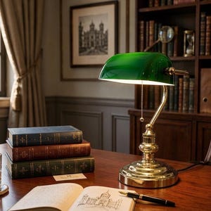 Peut inclure: Une lampe de banquier en verre vert et laiton éclaire un bureau avec des livres, un stylo et un dessin. Une carafe et un verre de liquide ambré sont à proximité. La scène évoque une bibliothèque ou un bureau classique.