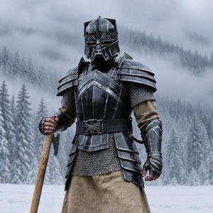 Op de afbeelding: Een harnas van donkere metalen platen met een volledige helm, schouderstukken, handschoenen en scheenplaten over een maliënkolder en een beige tuniek. Het harnas bevat een brede riem en wordt gecombineerd met een lange houten stok met bijl.