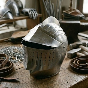 May include: A detailed image of a medieval steel helmet, showcasing intricate craftsmanship. The helmet, with its visor open, is the focal point, set against a rustic wooden workbench. Other pieces of armor and tools are visible in the background.