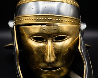 Roman Cavalry Helmet with Brass Face Mask - Imperial Gallic Decorative Armor - LARP & Decor