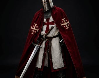 Handcrafted Crusader Knight Templar Full Costume Set – Steel Helm, Velvet Cloak, Surcoat and Accessories