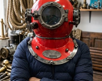 Red Vintage Deep Sea Diving Helmet Replica | Mark V Style Scuba Diver Nautical Decor