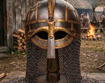 Casco vikingo con gafas y cota de malla – Armadura de combate nórdica de la era Vendel