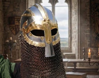 Steel Viking Spectacle Helmet with Brass Trim and Chainmail Aventail – Norse Reenactment Armor