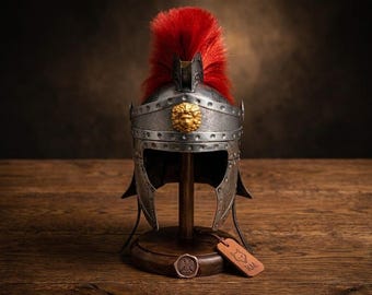 Roman Centurion Helmet – Steel, Red Plume, Gold Medusa Accent – Historical Decor