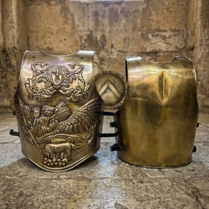 Pode incluir: Um conjunto de couraça de metal cor de latão composto por uma placa peitoral frontal e uma placa traseira. A placa frontal apresenta um design em relevo de uma cabeça de górgona, uma figura alada segurando um cajado e um pequeno animal.
