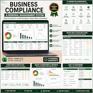 May include: A digital business compliance and renewal management system displayed on a laptop screen, featuring an Excel template with 14 worksheets, a compliance dashboard, renewal calendars, risk summaries, and automated deadline tracking tools.