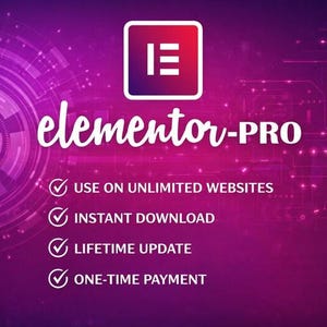 Puede incluir: Un gráfico digital con el texto "elementor-PRO" en escritura blanca. La imagen incluye un logotipo y viñetas que enumeran las características: uso en sitios web ilimitados, descarga instantánea, actualización de por vida y pago único. El fondo es un degradado de morado y rosa.