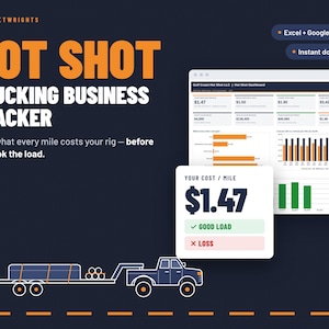 May include: A digital Hot Shot Trucking Business Tracker spreadsheet template featuring a dashboard with financial metrics, cost per mile calculations, and bar charts. The graphic includes a truck illustration and text: Hot Shot Trucking Business Tracker.