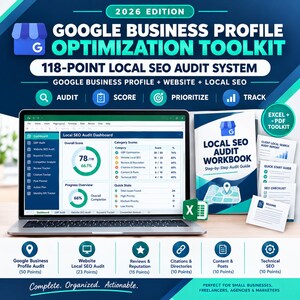 May include: A digital toolkit for Google Business Profile optimization, featuring a laptop displaying a Local SEO Audit Dashboard, a workbook titled Local SEO Audit Workbook, and several printed guide documents with blue and white branding.