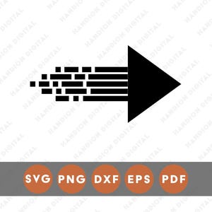 May include: Black arrow graphic with a brick-like design on the left and a solid triangle on the right. Below the arrow is a gray rectangle with orange circles containing the text: SVG, PNG, DXF, EPS, and PDF.
