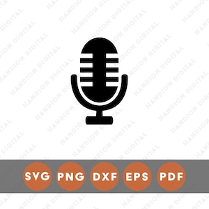 Puede incluir: Icono de micrófono negro con base redondeada y líneas verticales en el frente. Debajo, un rectángulo gris con círculos naranjas que contienen el texto "SVG PNG DXF EPS PDF".