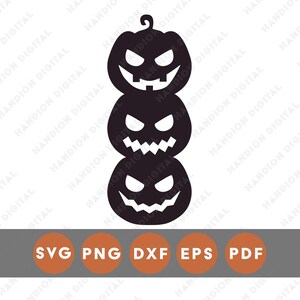 May include: A black graphic illustration of three stacked jack-o'-lantern pumpkins with carved eyes and jagged mouths. Below the pumpkins is a grey horizontal rectangle containing the white text SVG, PNG, DXF, EPS, and PDF inside orange circles.