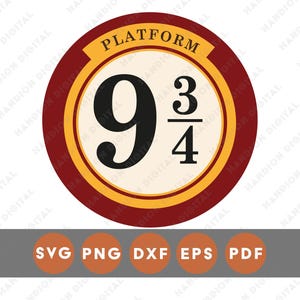 Könnte beinhalten: Kreisförmige weinrote und goldene Grafik mit dem Text "PLATFORM" und den Zahlen "9 3/4". Darunter ein graues Rechteck mit orangefarbenen Kreisen und dem Text "SVG PNG DXF EPS PDF".