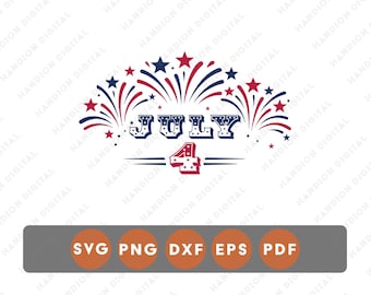 SVG de 4 de julho, gráficos da bandeira americana com fogos de artifício, Dia da Independência DTF DTG