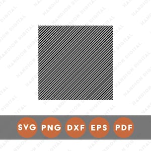 Puede incluir: Un cuadrado negro con líneas blancas diagonales. Debajo del cuadrado hay un rectángulo gris con círculos naranjas que contienen el texto "SVG", "PNG", "DXF", "EPS" y "PDF". El fondo es blanco con el texto "HANDION DIGITAL".