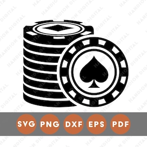 Könnte beinhalten: Schwarz-weiße Grafik von Pokerchips. Ein Stapel Chips befindet sich neben einem einzelnen Chip. Der einzelne Chip hat ein Pik-Symbol. Das Bild enthält auch den Text "SVG PNG DXF EPS PDF" in einem grauen Rechteck.