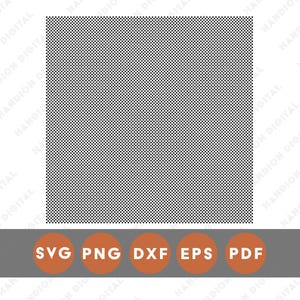 May include: A square digital graphic with a black and white dotted pattern. Below the graphic is a gray rectangle with orange circles containing the text: SVG, PNG, DXF, EPS, and PDF.