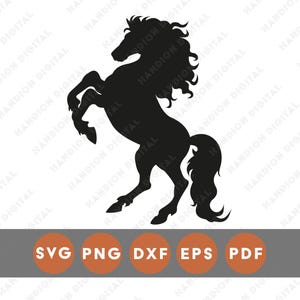 May include: A black silhouette of a rearing horse with a flowing mane and tail. Below the horse is a gray rectangle with orange circles containing the text "SVG PNG DXF EPS PDF".
