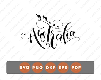 SVG com tipografia australiana, ilustrações de viagem com canguru, arte para lembrancinhas, para Cricut, DTF DTG