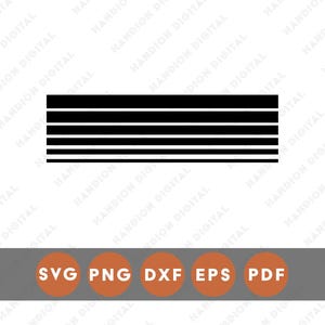 Puede incluir: Diseño gráfico de líneas horizontales negras sobre fondo blanco. Debajo, un rectángulo gris con círculos naranjas que muestran el texto "SVG PNG DXF EPS PDF".