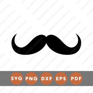 May include: A black mustache graphic with curled ends. Below the mustache is a grey rectangle with orange circles containing the text "SVG PNG DXF EPS PDF". Suitable for digital design projects.