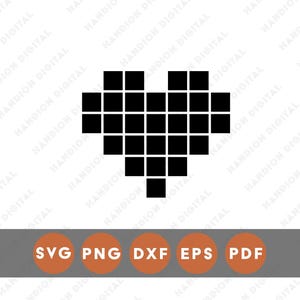 May include: A black pixelated heart design. Below the heart is a gray rectangle with orange circles and the text "SVG PNG DXF EPS PDF". The image is on a white background.