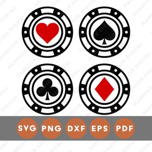 May include: Four poker chip designs with suits: hearts, spades, clubs, and diamonds. Each chip is black and white with a colored suit symbol in the center. Below, a gray rectangle displays "SVG PNG DXF EPS PDF" in orange.