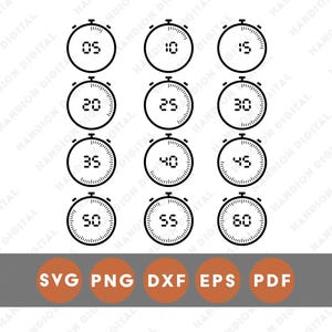 May include: A digital illustration featuring a collection of black and white stopwatches, each displaying different time increments from 05 to 60 seconds. Below, a gray rectangle with orange circles displays the text "SVG PNG DXF EPS PDF".