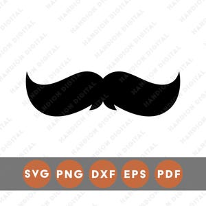 May include: A black mustache graphic with curved ends. Below the mustache is a grey rectangle with orange circles containing the text "SVG PNG DXF EPS PDF". The image is on a white background.