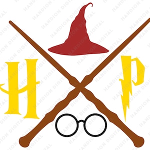 May include: A graphic featuring crossed wands, a maroon sorting hat, and round black glasses. The letters "HP" are in yellow, with a lightning bolt incorporated into the "P". The image is on a white background.