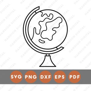 Peut inclure: Un dessin au trait noir et blanc d'un globe terrestre sur un support. En dessous, un rectangle gris avec le texte "SVG PNG DXF EPS PDF" dans des cercles orange.