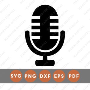 May include: A black microphone icon with a rounded top and a horizontal bar design. Below the microphone is a gray rectangle with orange circles containing the text: SVG, PNG, DXF, EPS, and PDF.