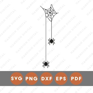 May include: A black line art graphic featuring a spider web at the top with two spiders hanging vertically from thin threads. Below the graphic, a gray horizontal bar contains the white text labels SVG, PNG, DXF, EPS, and PDF.
