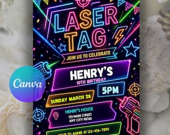 Laser Tag Party Invitation, Neon Birthday Party Invite, Glow laser tag birthday, Laser Party, Laser Tag Birthday, Editable Canva Template