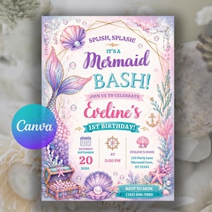 May include: A rectangular birthday invitation card featuring a mermaid tail, seashells, pearls, and a treasure chest. The text reads: SPLISH, SPLASH! IT'S A Mermaid BASH! JOIN US TO CELEBRATE Eveline's 1ST BIRTHDAY! SATURDAY SEPTEMBER 20 2026 AT 5:00 PM.