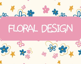 Hand-Drawn Floral Seamless Pattern, Blue Pink Flowers, Stars (Digital Download)