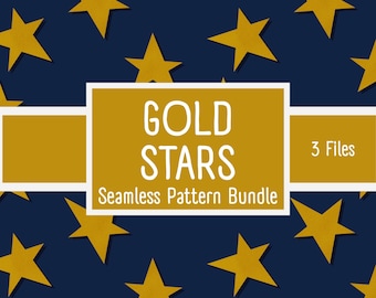 Paquete de patrones sin costuras de estrellas doradas / Diseño de tela de estrellas azul marino y beige / Descarga JPG PNG