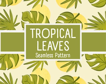 Tropical Leaves Seamless Pattern Digital Download | Monstera Palm Fabric Design POD
