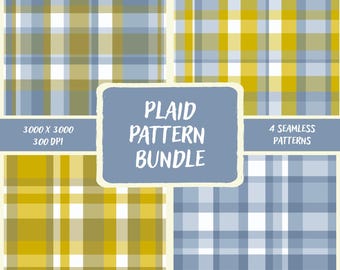 Plaid Seamless Pattern Bundle | Neutral Tartan Digital Paper | Yellow Blue Checkered Patterns | Digital Download
