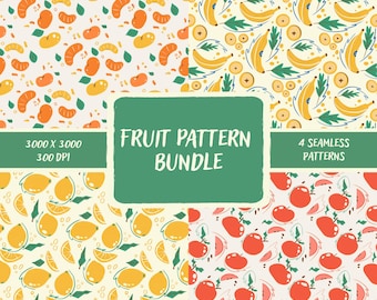 Fruit Seamless Pattern Bundle | Tangerine, Apple, Lemon & Banana Digital Paper | Scrapbook Backgrounds, Commercial Use
