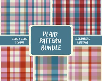 Vintage Plaid Seamless Pattern Bundle | Pink Blue Red Tartan Digital Download