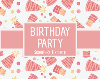 Birthday Seamless Pattern Digital Download | Pink Party Hat Cake Stars | Fabric Design POD