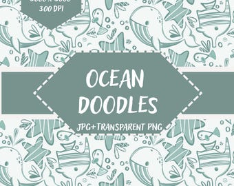 Ocean Doodles Seamless Pattern | Whale Fish Nautical Digital Download | JPG + PNG Transparent