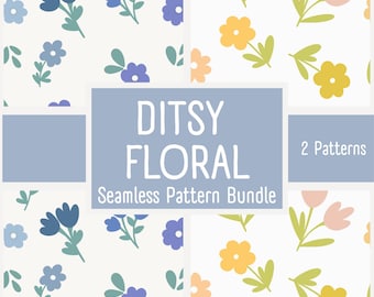 Ditsy Floral Seamless Pattern Bundle | Blue Pink Spring Flowers Fabric | JPG PNG Download