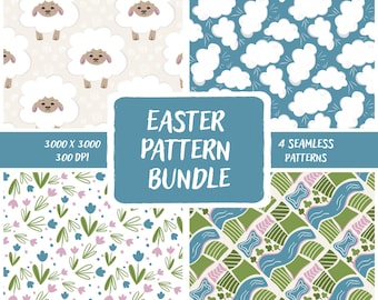 Easter Seamless Pattern Bundle, Sheep & Cloud Spring Digital Paper, Cottagecore Floral Patterns, Instant Download