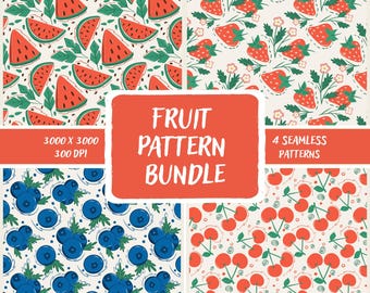 Summer Berry Seamless Pattern Bundle | Strawberry Blueberry Cherry Watermelon | Digital Download Fabric Design POD